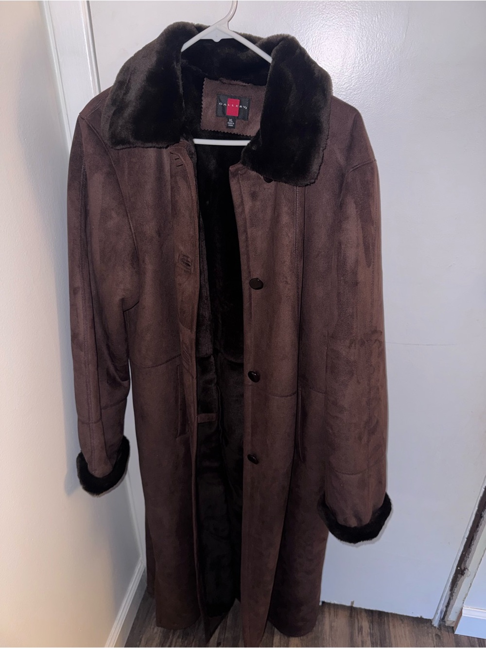Vintage Gallery Faux Shearling Suede Trench Coat Brown Plush Fur